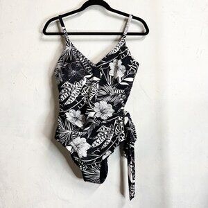 Knix Side Tie One Piece Your Wrap Swimsuit Floral Black Womens Large NEW